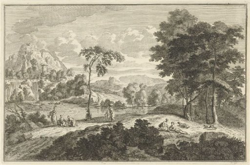 Arcadian river landscape with a waterfall and various groups of figures