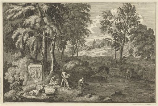 Arcadian landscape with bathing women at a small lake