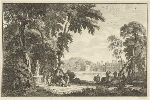 Arcadian river landscape with figures worshipping an idol