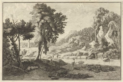 Arcadian river landscape with fishermen