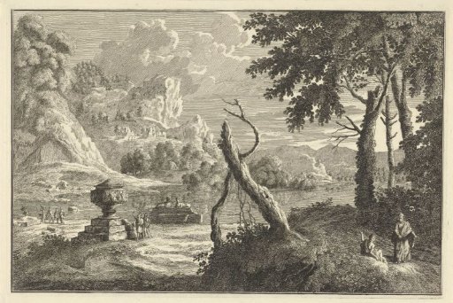 Arcadian river landscape with a broken tree