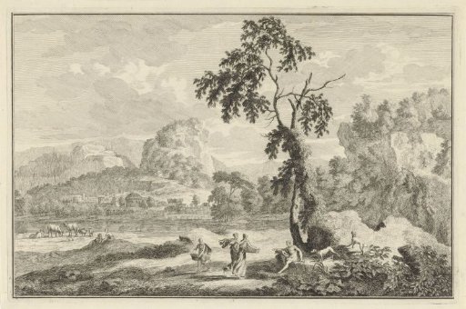 Arcadian river landscape with various figures at a tree