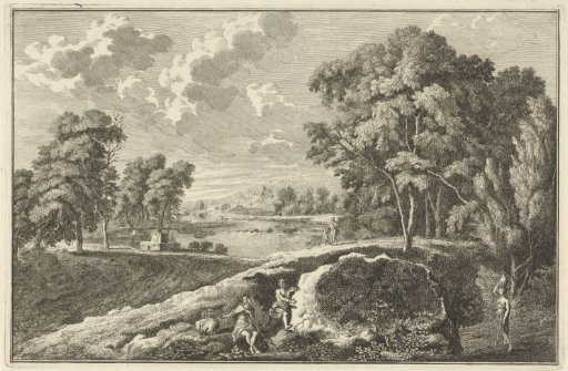 Arcadian river landscape with a woman and child