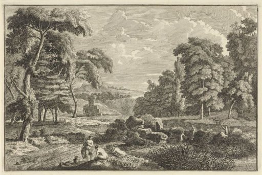 Arcadian river landscape with five bathing women and a deer