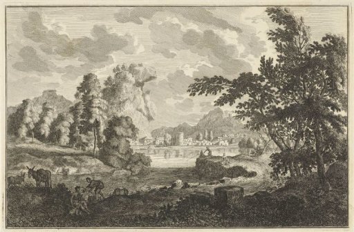 Arcadian river landscape with fishermen, shepherds and donkeys