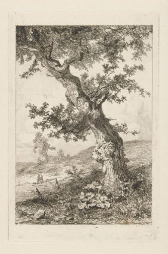Hilly Landscape with a Leaning Tree and Two Walkers