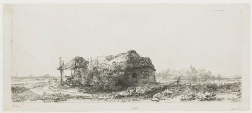 Landscape with cottages and a hay barn: oblong