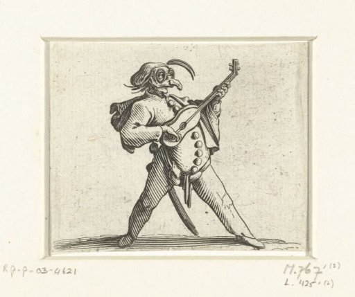 Commedia dell'arte figure with guitar, sword and mask