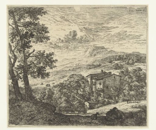 Hilly landscape with houses and donkey and two sheep