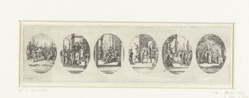 Six Passion Scenes: The Carrying of the Cross, Christ Shown to the People (Ecce Homo), The Crowning with Thorns, The Scourging of Christ, Christ Before Pilate, The Arrest of Christ