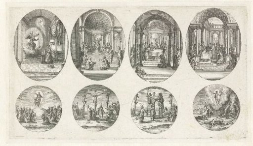 Four Scenes from the Life of Mary and Four Passion Scenes: The Annunciation, The Twelve-Year-Old Christ in the Temple, The Circumcision of Christ, The Presentation of Christ in the Temple, The Ascension, The Crucifixion, The Descent from the Cross, The Resurrection
