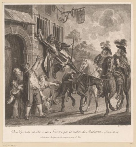 Don Quixote tied to a window
