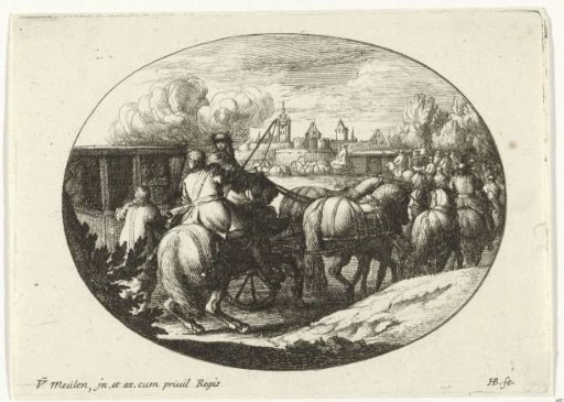 Army and carriages marching towards a city