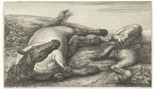 Two fallen horses, the left one seen from the front