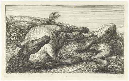 Two fallen horses, the left one seen from the front