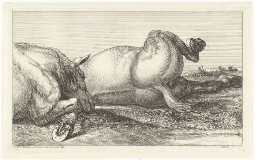Two fallen horses lying one behind the other