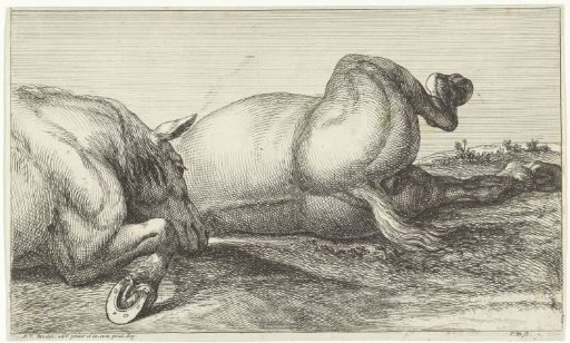 Two fallen horses lying one behind the other