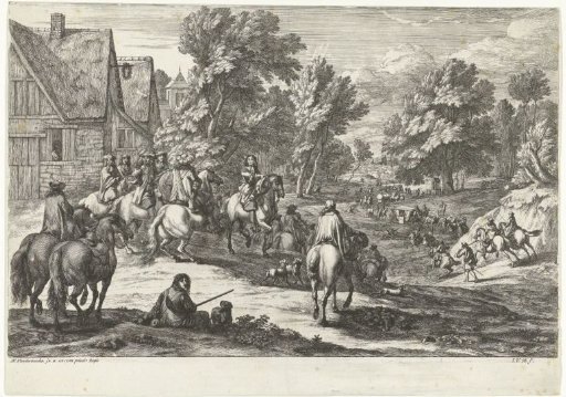 View of a village with riders in the foreground