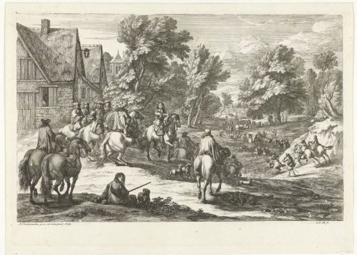 View of a village with riders in the foreground