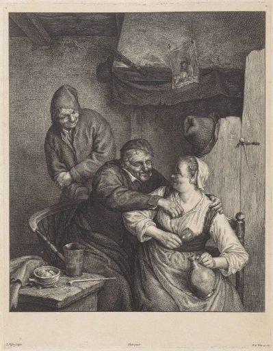 Tavern scene with three figures by a fireplace