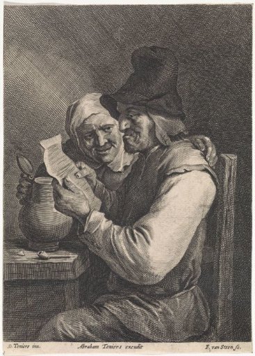 Reading peasant with a woman holding a jug
