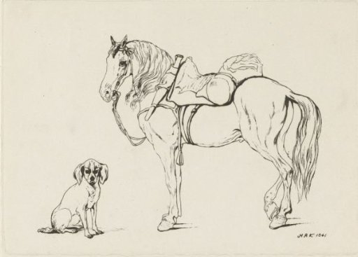 Saddled horse and a dog