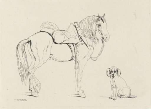 Saddled horse and dog