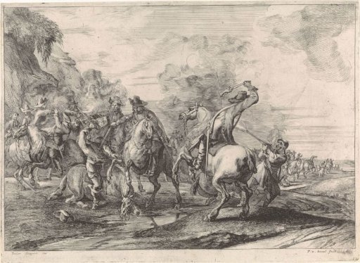 Battlefield with cavalry and infantryman