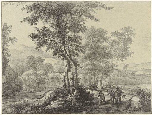 Wooded landscape with travellers