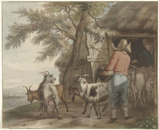 Goat herder by a barn
