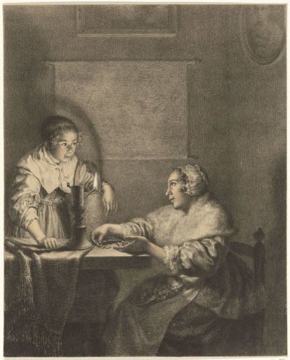 Interior with a lady and maid by candlelight