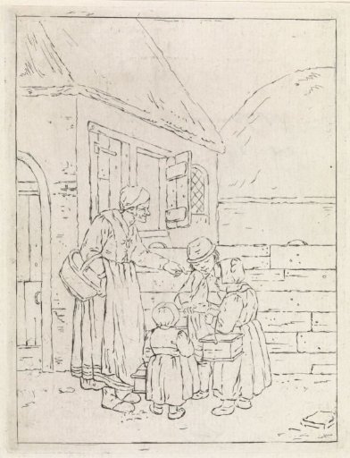Farmyard with old woman and three children