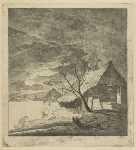 Night landscape with a farmhouse and skaters