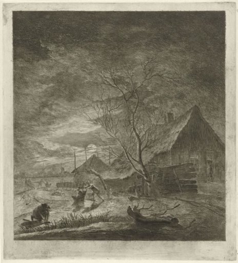 Night landscape with a farmhouse and skaters