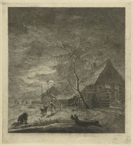 Night landscape with a farmhouse and skaters