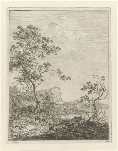 Mountainous Landscape with Shepherd and Cattle on the Road