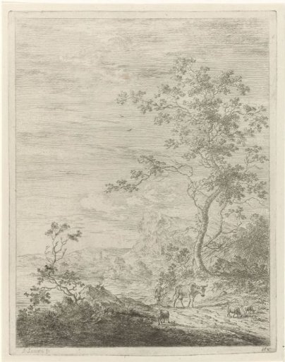Mountainous Landscape with Shepherd and Cattle on the Road