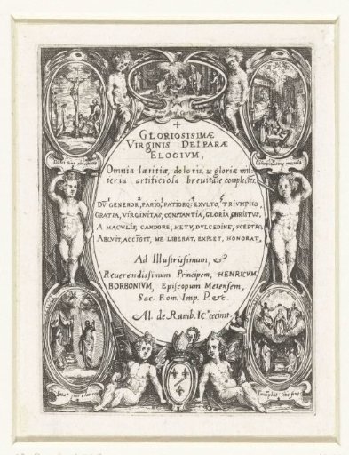 Cartouche with Text Surrounded by Putti and Scenes from the Life of Mary
