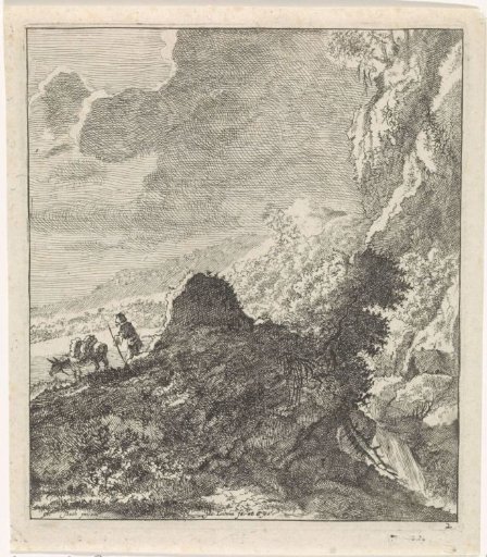 Mountain landscape with traveler and donkey