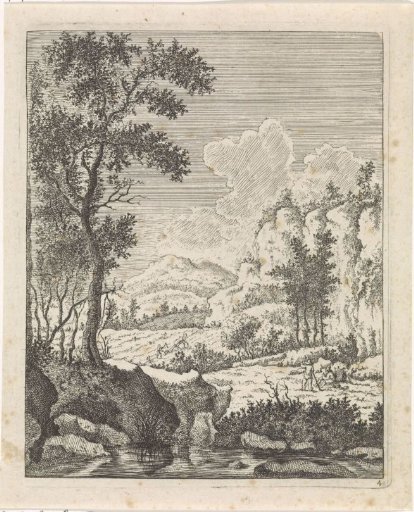 Mountain landscape with two resting peasants by a stream