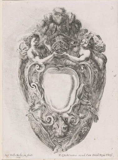 Cartouche with lion's head, two shields and two trumpeting angels supporting a helmet
