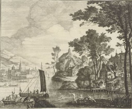 River landscape with swimmers
