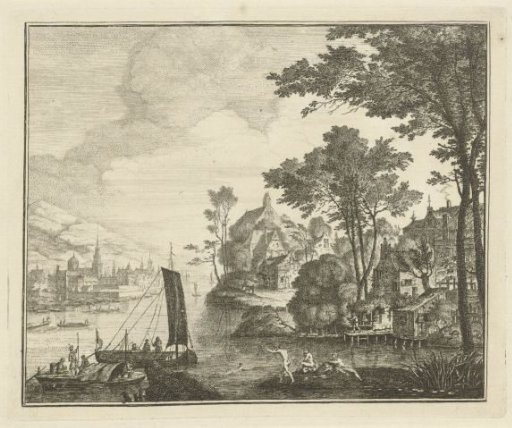River landscape with swimmers