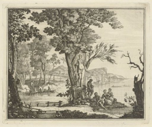 River landscape with anglers near a statue of Venus