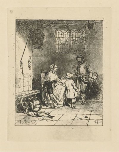 Three figures in a kitchen interior