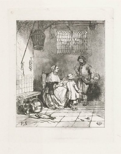 Three figures in a kitchen interior