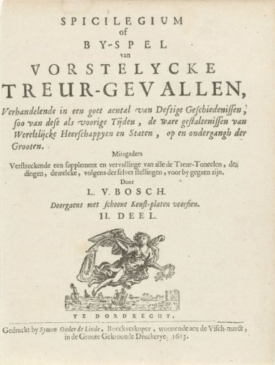 Title page for: L. van den Bos, Spicilegium or Example of Princely Tragic Events; part 2 of: The Theatre of Accidents, 1683