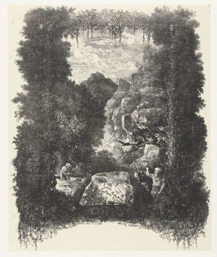 Title print with landscape and figures from fables and stories in a frame