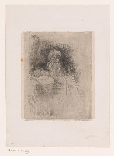 Old man with beard leaning on an open book