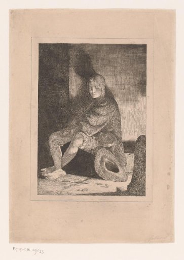 Youth with violin on lap and bow broken on the ground